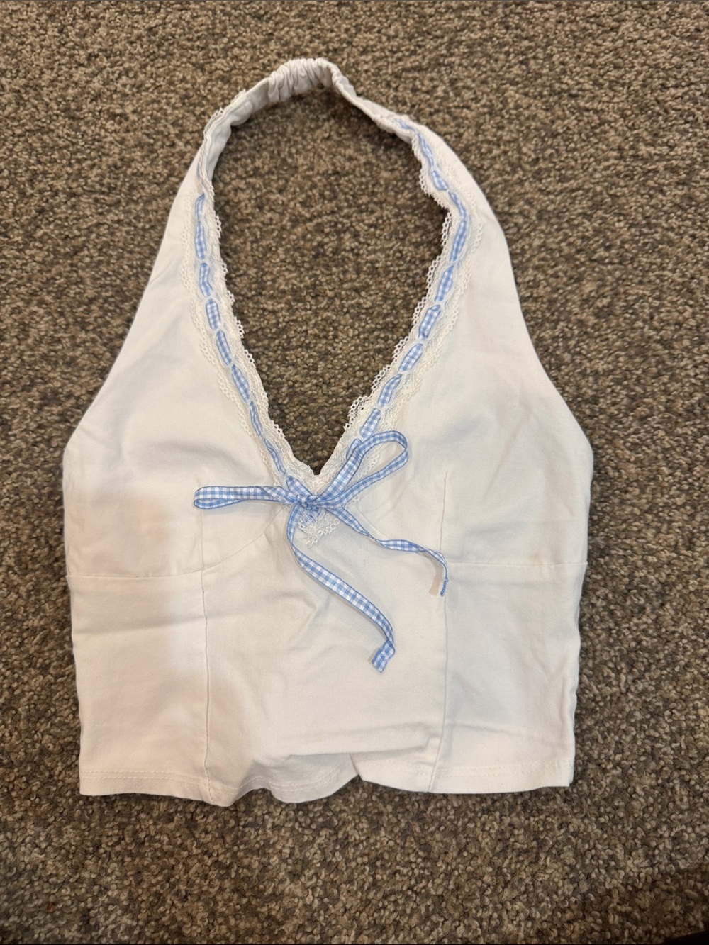 Windsor White Halter Crop Top with Light Blue Trim